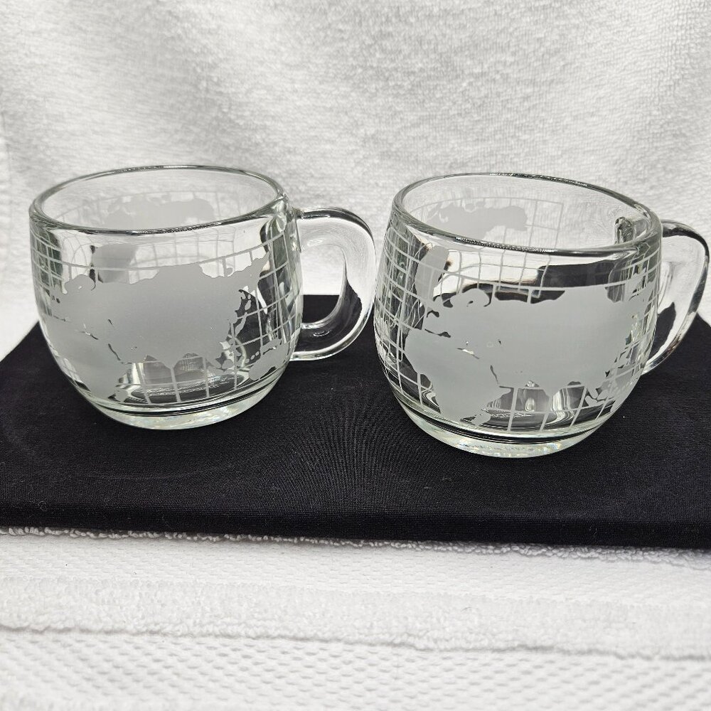 Nescafe Mugs Coffee Tea Cups Taste Your Way Clear World Continents Set of 2 Vtg